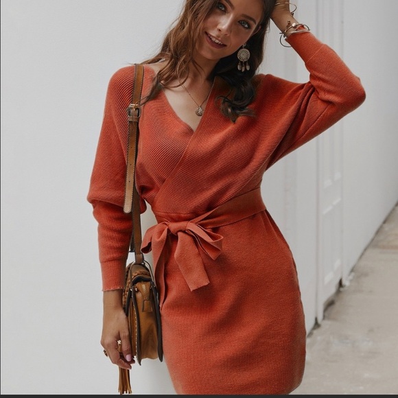 Women's V Neck Sweater Dress Long Sleeve Backless Bodycon Dress w/Belt - Picture 7 of 10